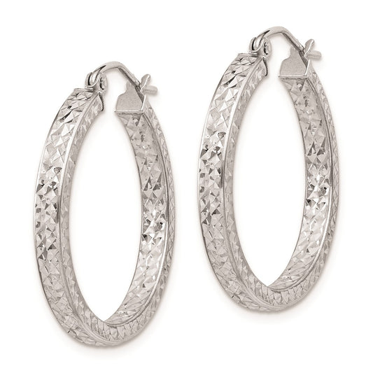 Rhodium-plated Sterling Silver Diamond-cut 3x25mm Hoop Earrings