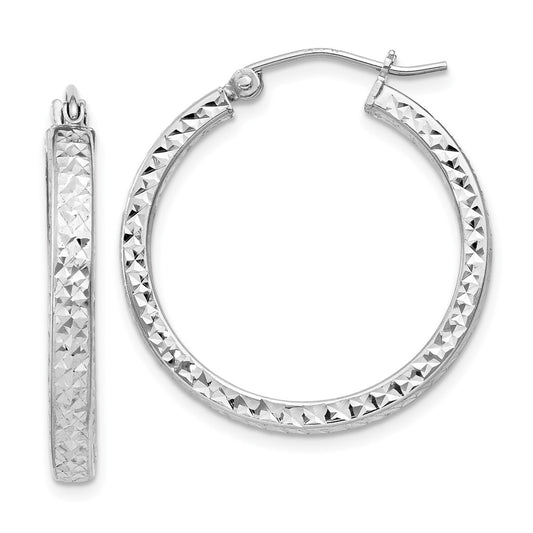 Rhodium-plated Sterling Silver Diamond-cut 3x25mm Hoop Earrings