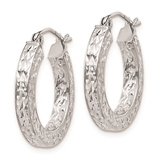 Rhodium-plated Sterling Silver Diamond-cut 3x20mm Square Tube Hoop Earrings