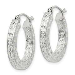 Sterling Silver Diamond-cut 3x20mm Square Tube Hoop Earrings