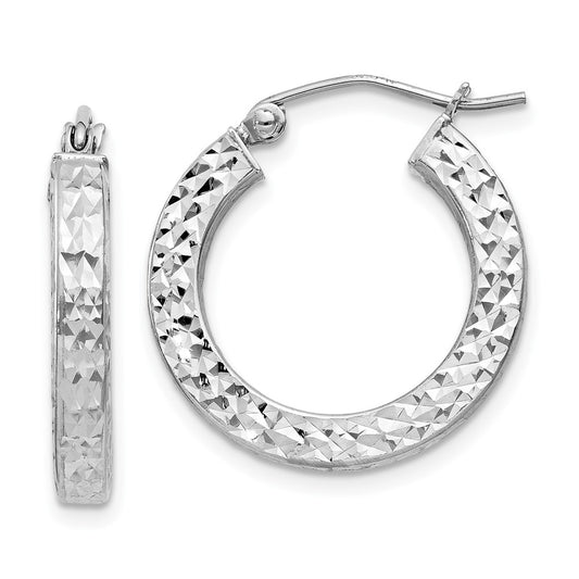 Rhodium-plated Sterling Silver Diamond-cut 3x20mm Square Tube Hoop Earrings