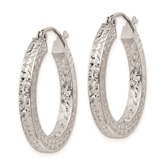 Rhodium-plated Sterling Silver Diamond-cut 3x25mm Square Tube Hoop Earrings