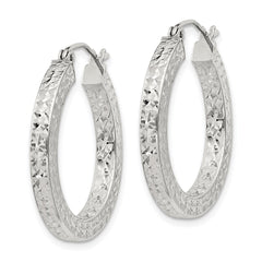 Sterling Silver Diamond-cut 3x25mm Square Tube Hoop Earrings