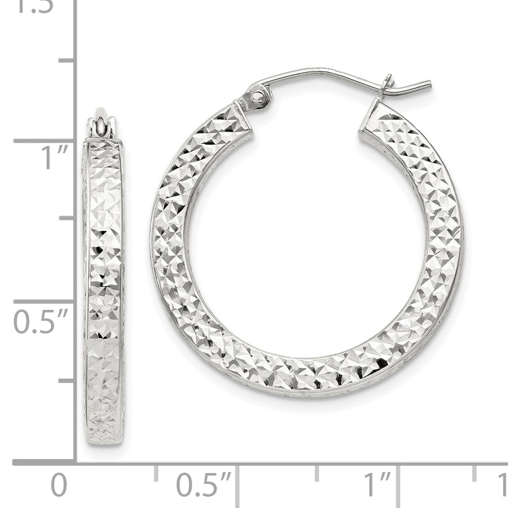 Sterling Silver Diamond-cut 3x25mm Square Tube Hoop Earrings