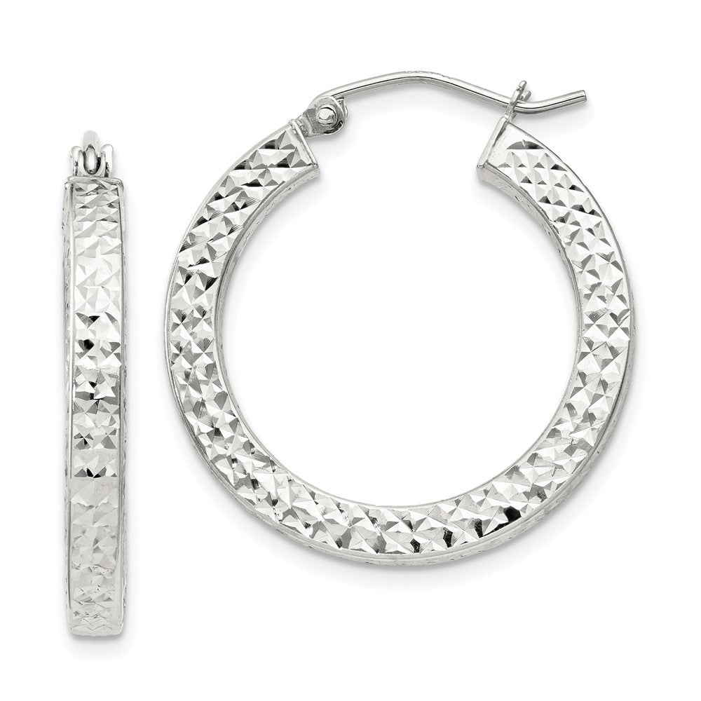 Sterling Silver Diamond-cut 3x25mm Square Tube Hoop Earrings