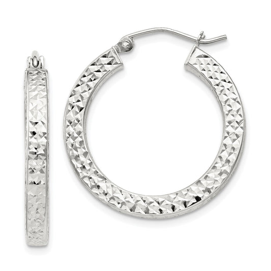 Sterling Silver Diamond-cut 3x25mm Square Tube Hoop Earrings