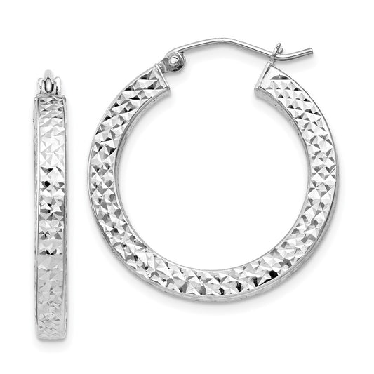 Rhodium-plated Sterling Silver Diamond-cut 3x25mm Square Tube Hoop Earrings