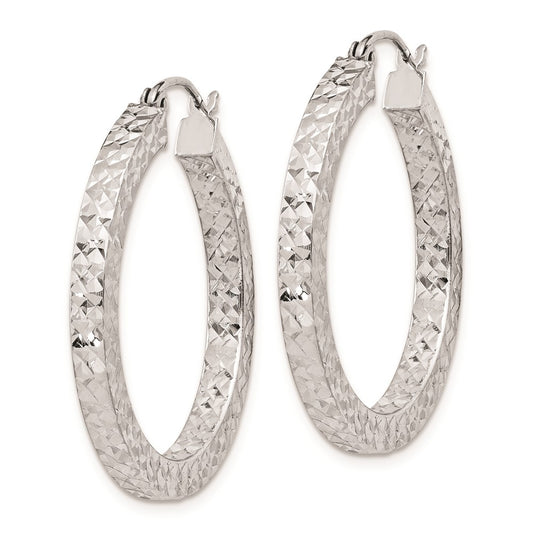 Rhodium-plated Sterling Silver Diamond-cut 3x30mm Square Tube Hoop Earrings