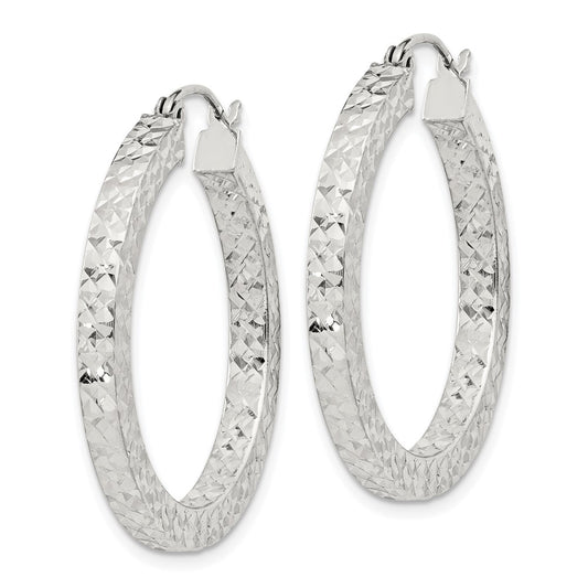 Sterling Silver Diamond-cut 3x30mm Square Tube Hoop Earrings