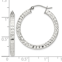 Sterling Silver Diamond-cut 3x30mm Square Tube Hoop Earrings