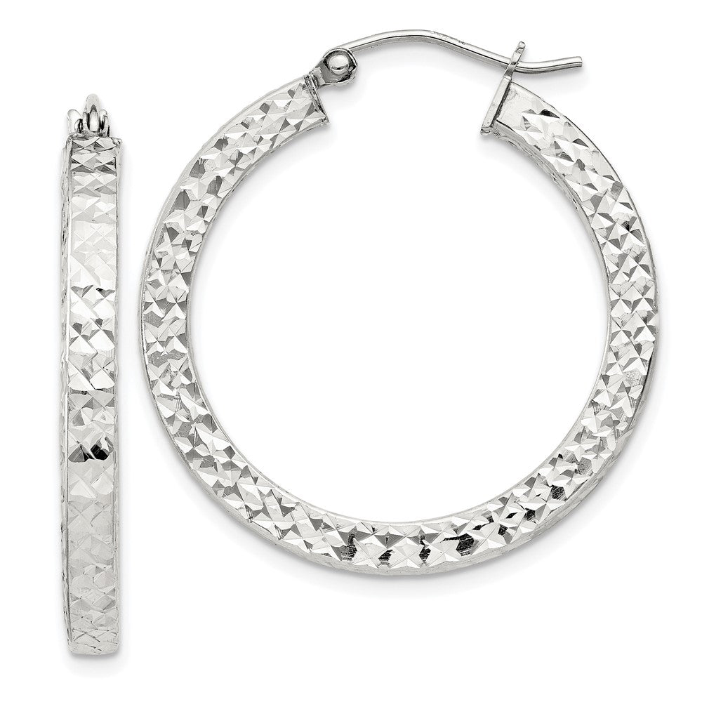 Sterling Silver Diamond-cut 3x30mm Square Tube Hoop Earrings