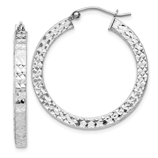 Rhodium-plated Sterling Silver Diamond-cut 3x30mm Square Tube Hoop Earrings