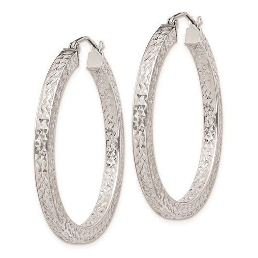 Rhodium-plated Sterling Silver Diamond-cut 3x35mm Square Tube Hoop Earrings