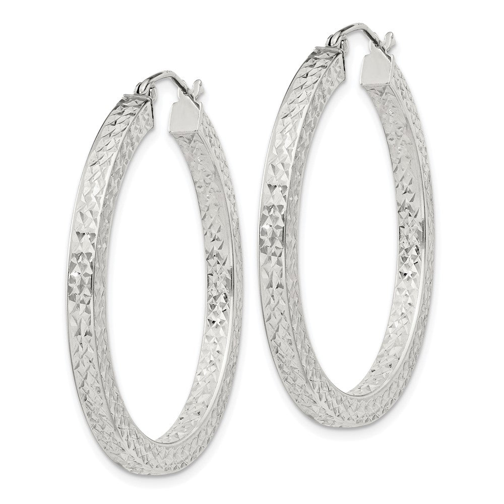 Sterling Silver Diamond-cut 3x35mm Square Tube Hoop Earrings