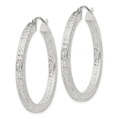 Sterling Silver Diamond-cut 3x35mm Square Tube Hoop Earrings
