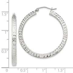 Sterling Silver Diamond-cut 3x35mm Square Tube Hoop Earrings