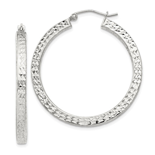 Sterling Silver Diamond-cut 3x35mm Square Tube Hoop Earrings