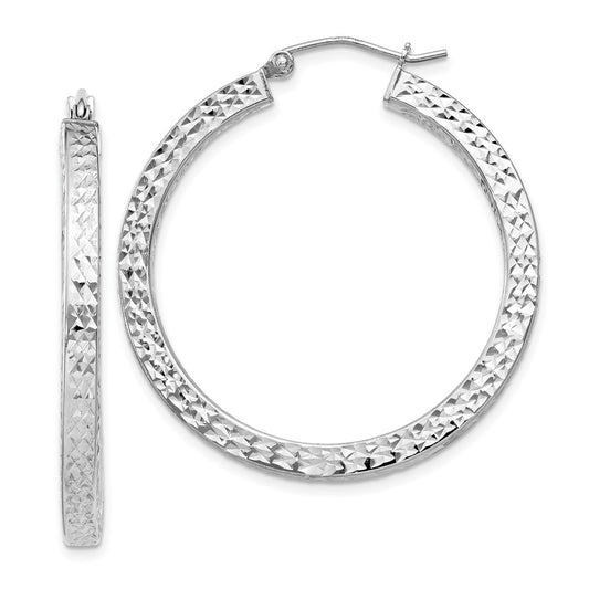 Rhodium-plated Sterling Silver Diamond-cut 3x35mm Square Tube Hoop Earrings