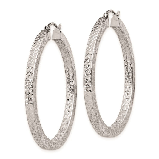 Rhodium-plated Sterling Silver Diamond-cut 3x40mm Square Tube Hoop Earrings