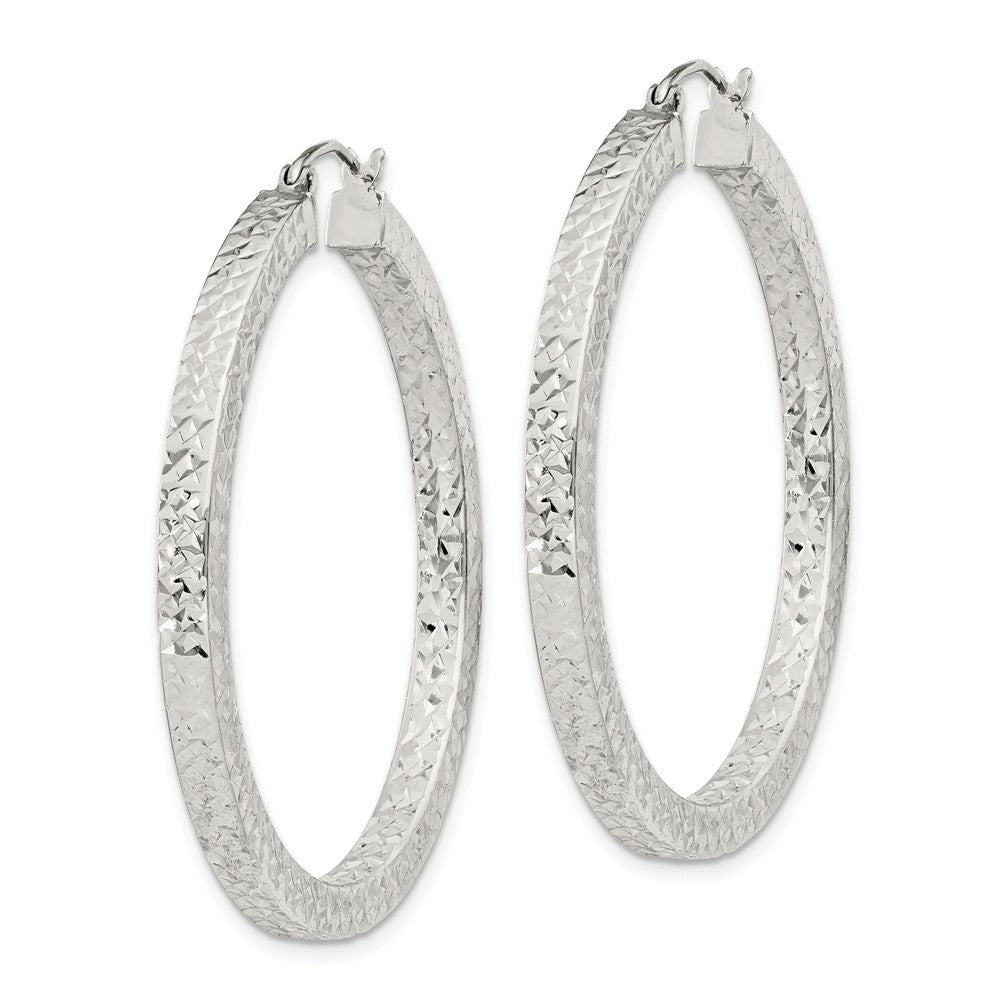 Sterling Silver Diamond-cut 3x40mm Square Tube Hoop Earrings