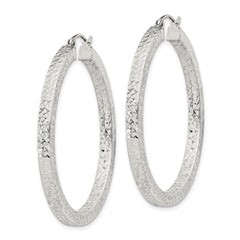 Sterling Silver Diamond-cut 3x40mm Square Tube Hoop Earrings