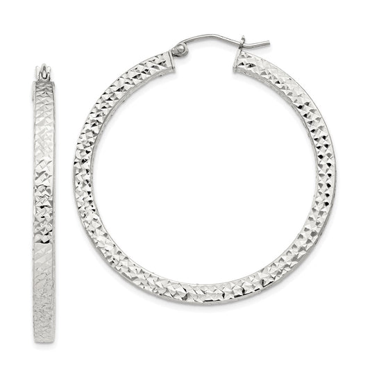 Sterling Silver Diamond-cut 3x40mm Square Tube Hoop Earrings