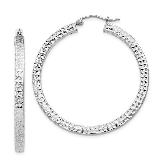 Rhodium-plated Sterling Silver Diamond-cut 3x40mm Square Tube Hoop Earrings