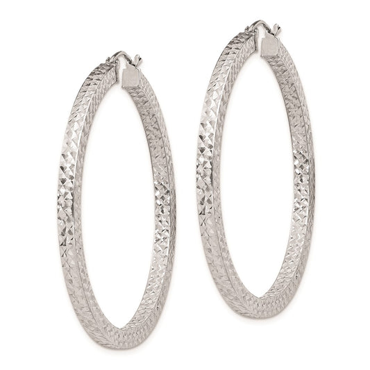 Rhodium-plated Sterling Silver Diamond-cut 3x45mm Square Tube Hoop Earrings