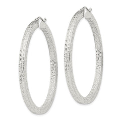 Sterling Silver Diamond-cut 3x45mm Square Tube Hoop Earrings