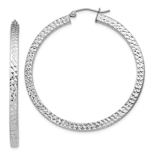 Rhodium-plated Sterling Silver Diamond-cut 3x45mm Square Tube Hoop Earrings