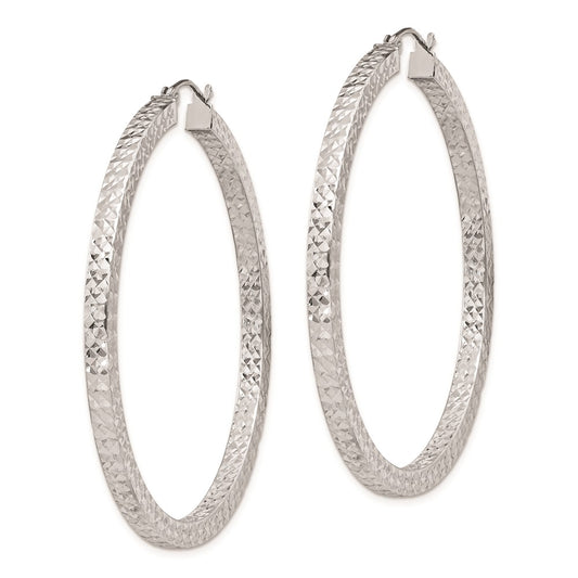 Rhodium-plated Sterling Silver Diamond-cut 3x50mm Square Tube Hoop Earrings