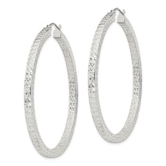 Sterling Silver Diamond-cut 3x50mm Square Tube Hoop Earrings