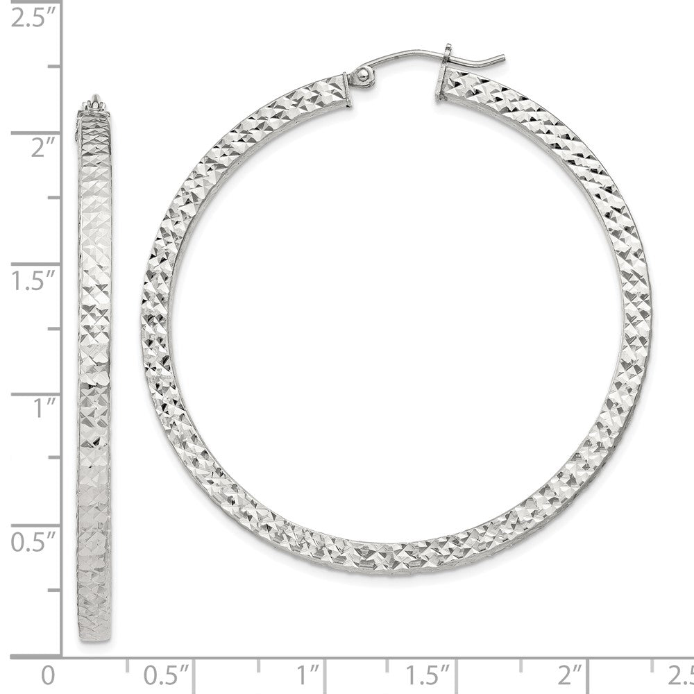 Sterling Silver Diamond-cut 3x50mm Square Tube Hoop Earrings