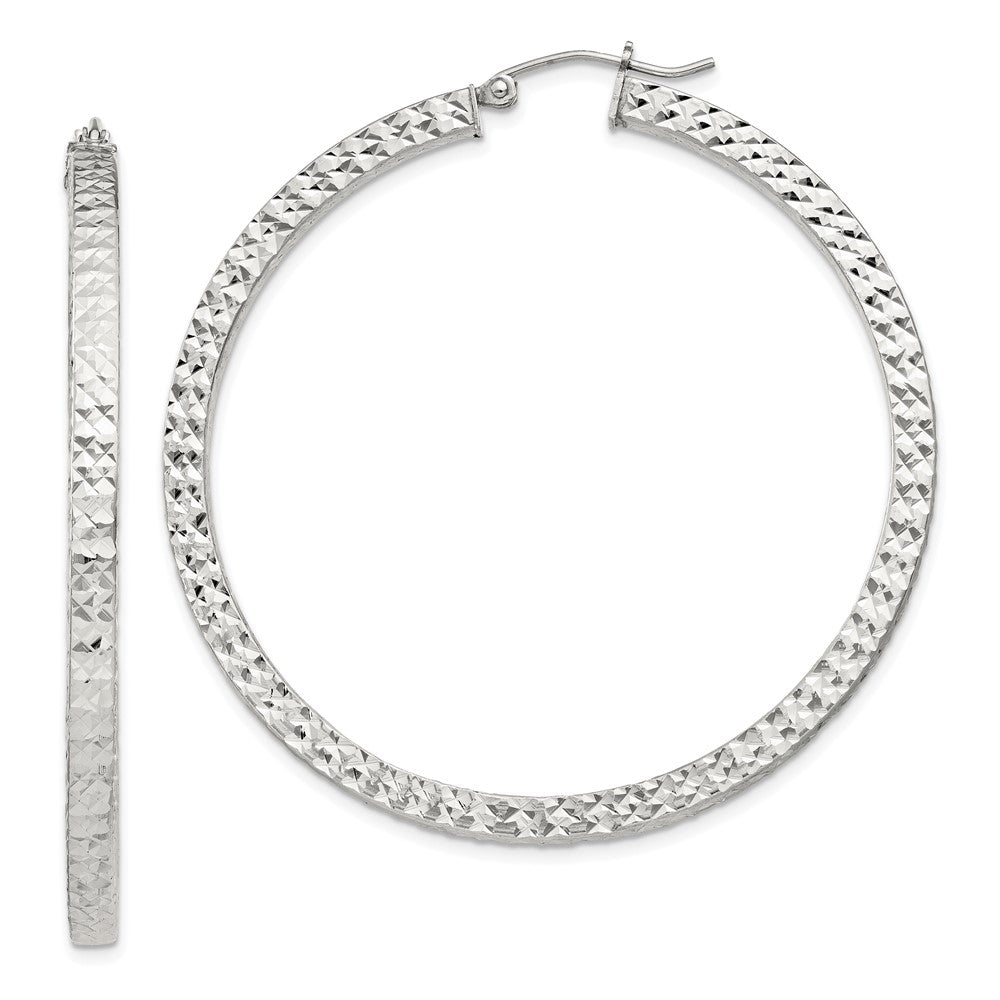 Sterling Silver Diamond-cut 3x50mm Square Tube Hoop Earrings