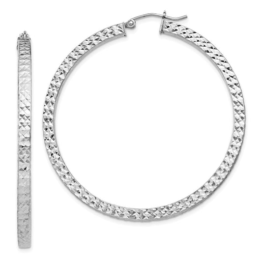 Rhodium-plated Sterling Silver Diamond-cut 3x50mm Square Tube Hoop Earrings