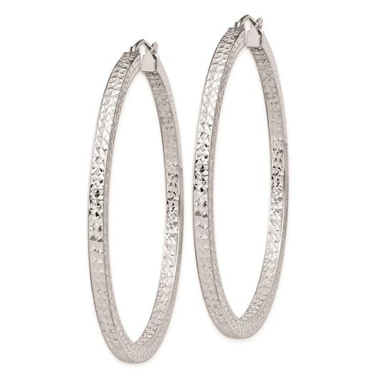 Rhodium-plated Sterling Silver Diamond-cut 3x55mm Square Tube Hoop Earrings