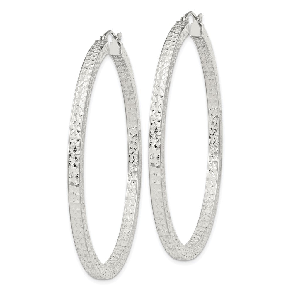 Sterling Silver Diamond-cut 3x55mm Square Tube Hoop Earrings