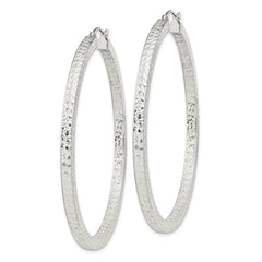 Sterling Silver Diamond-cut 3x55mm Square Tube Hoop Earrings