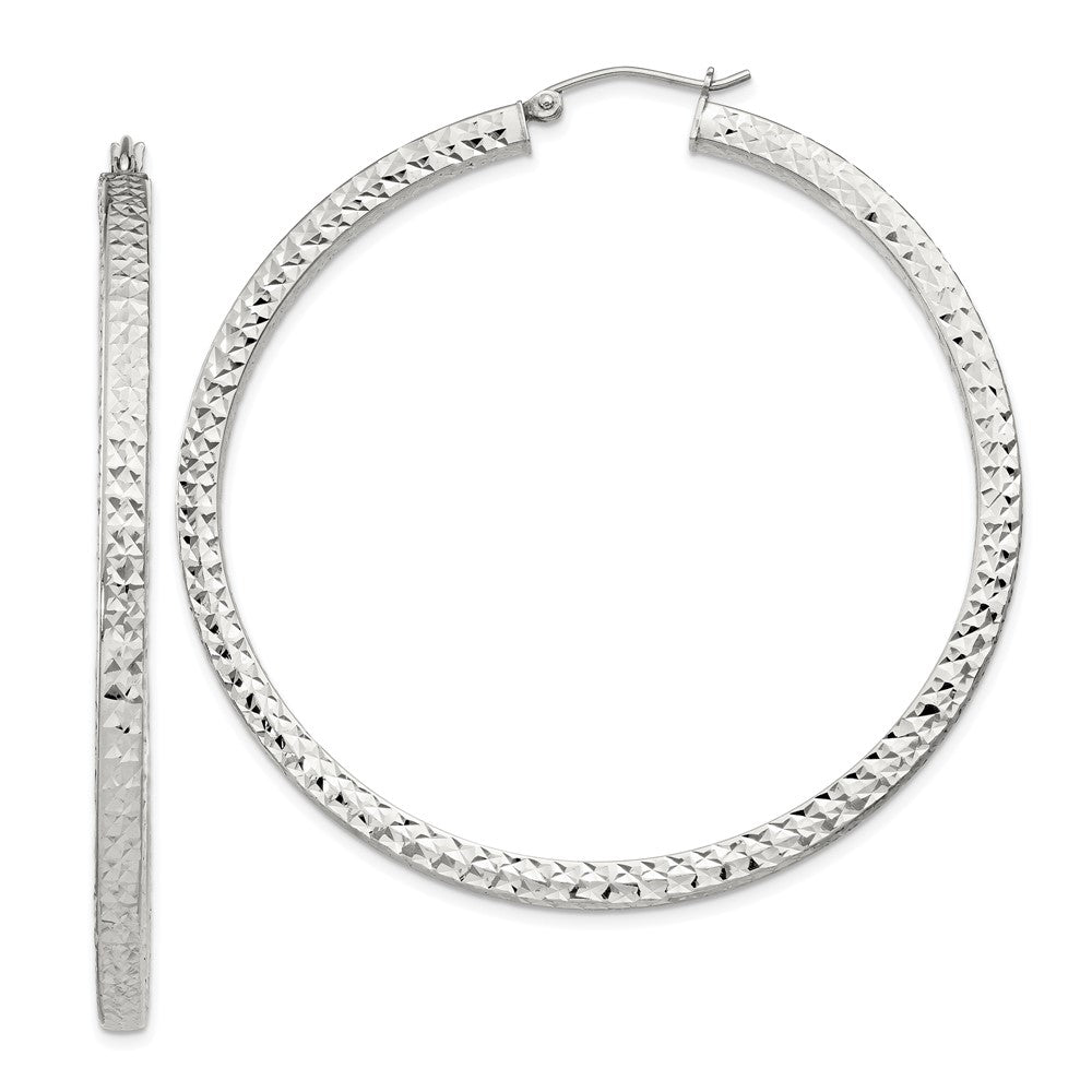 Sterling Silver Diamond-cut 3x55mm Square Tube Hoop Earrings