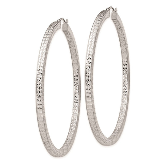 Rhodium-plated Sterling Silver Diamond-cut 3x60mm Square Tube Hoop Earrings