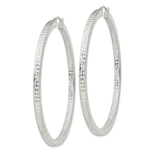 Sterling Silver Diamond-cut 3x60mm Square Tube Hoop Earrings