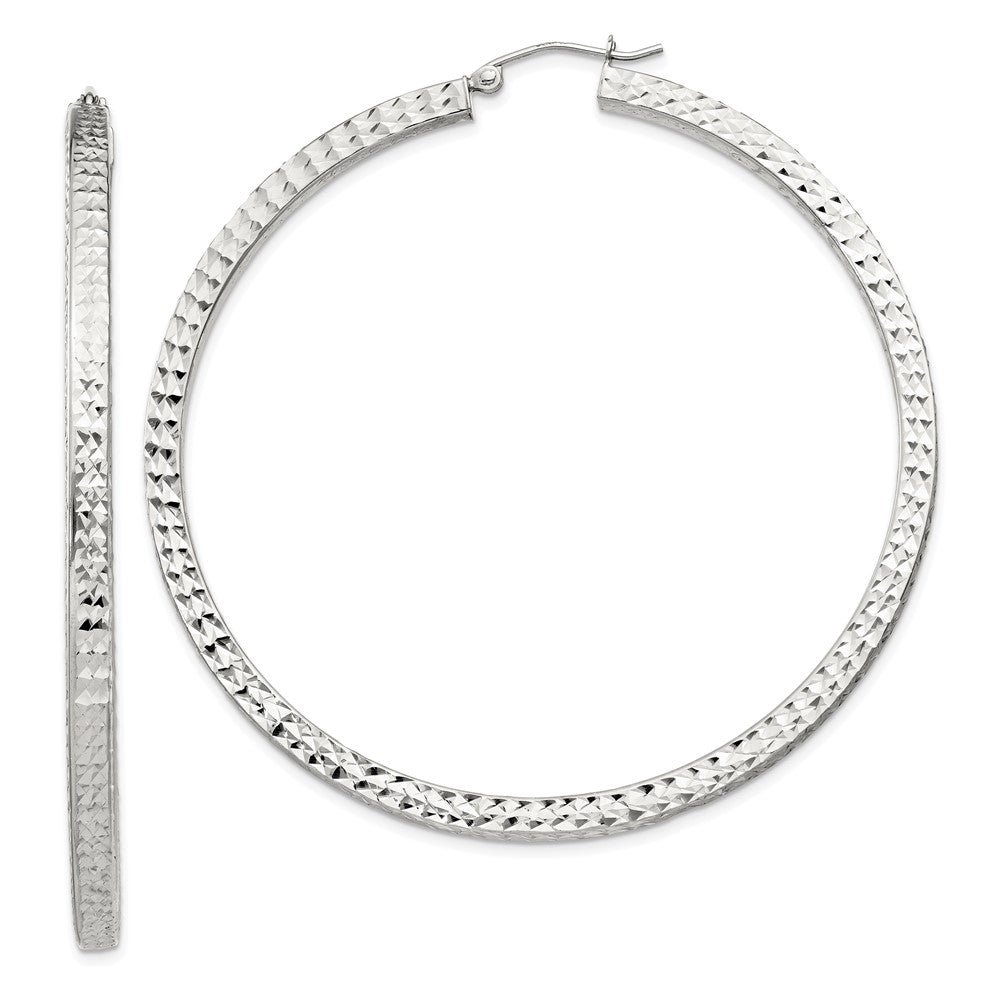 Sterling Silver Diamond-cut 3x60mm Square Tube Hoop Earrings