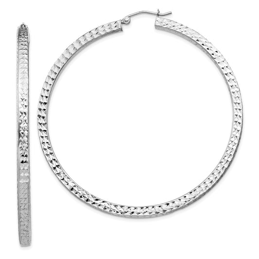 Rhodium-plated Sterling Silver Diamond-cut 3x60mm Square Tube Hoop Earrings