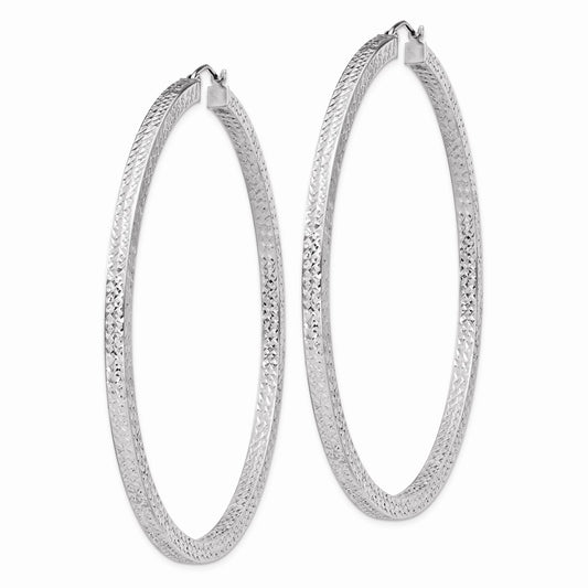 Rhodium-plated Sterling Silver Diamond-cut 3x65mm Square Tube Hoop Earrings