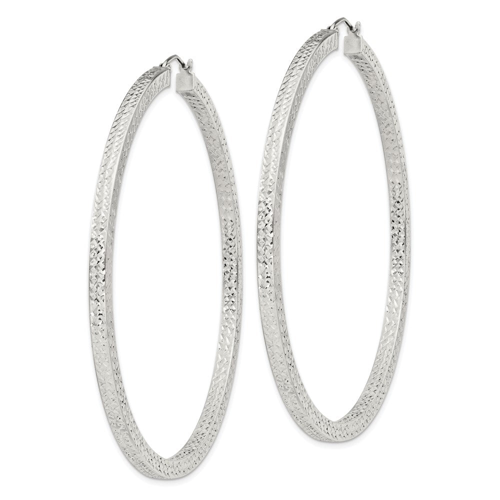 Sterling Silver Diamond-cut 3x65mm Square Tube Hoop Earrings