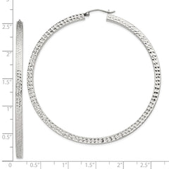 Sterling Silver Diamond-cut 3x65mm Square Tube Hoop Earrings