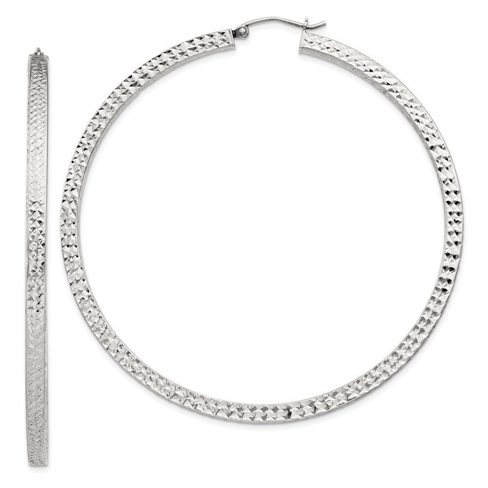 Sterling Silver Diamond-cut 3x65mm Square Tube Hoop Earrings