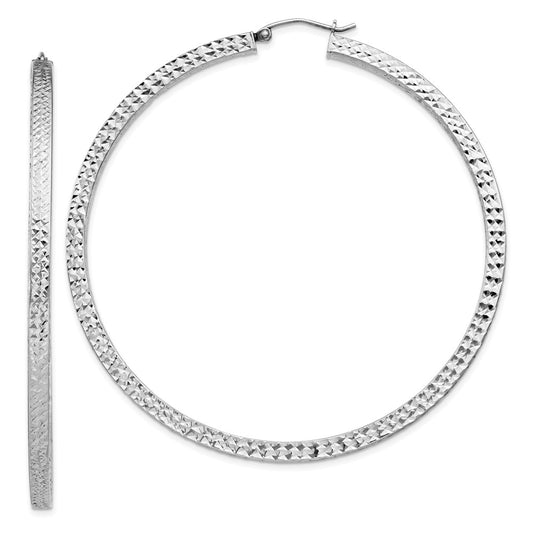 Rhodium-plated Sterling Silver Diamond-cut 3x65mm Square Tube Hoop Earrings