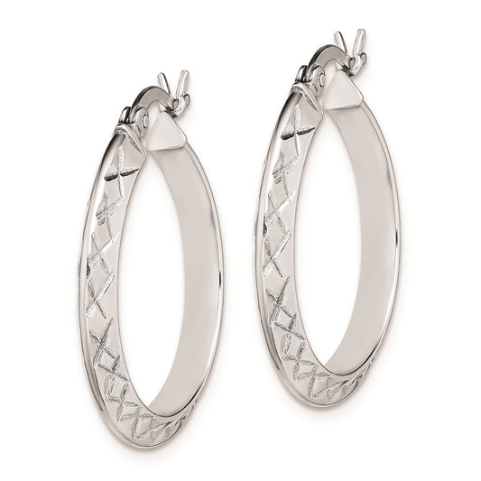 Rhodium-plated Sterling Silver Diamond-cut 3x25mm Hoop Earrings