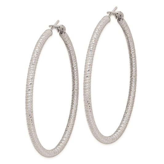 Rhodium-plated Sterling Silver 3.25x60mm Omega Back Hoop Earrings